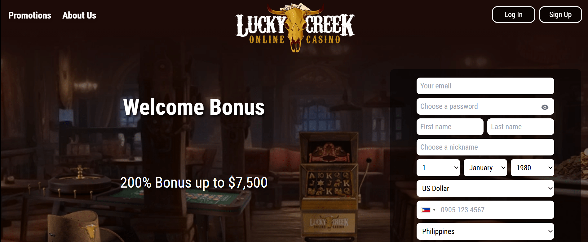 Interface view of Lucky Creek casino featuring live dealers and quick withdrawals