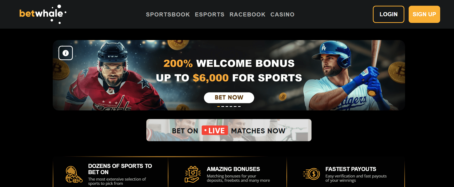 Homepage of BetWhale casino highlighting fast and secure instant withdrawals